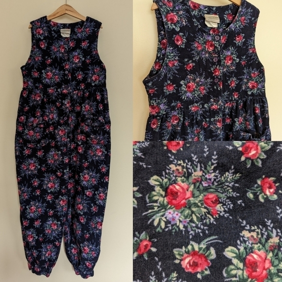 Vintage Laura Ashley floral print corduroy jumpsuit girls 9-10 - Picture 1 of 15